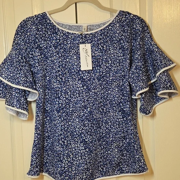 NY Collection Blue Animal Print Ruffle Sleeve Blouse - Picture 1 of 7